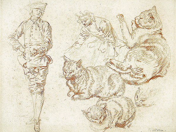 İki Adam ve Dört Kedi (kağıt üzerinde kırmızı tebeşir) by Jean Antoine Watteau