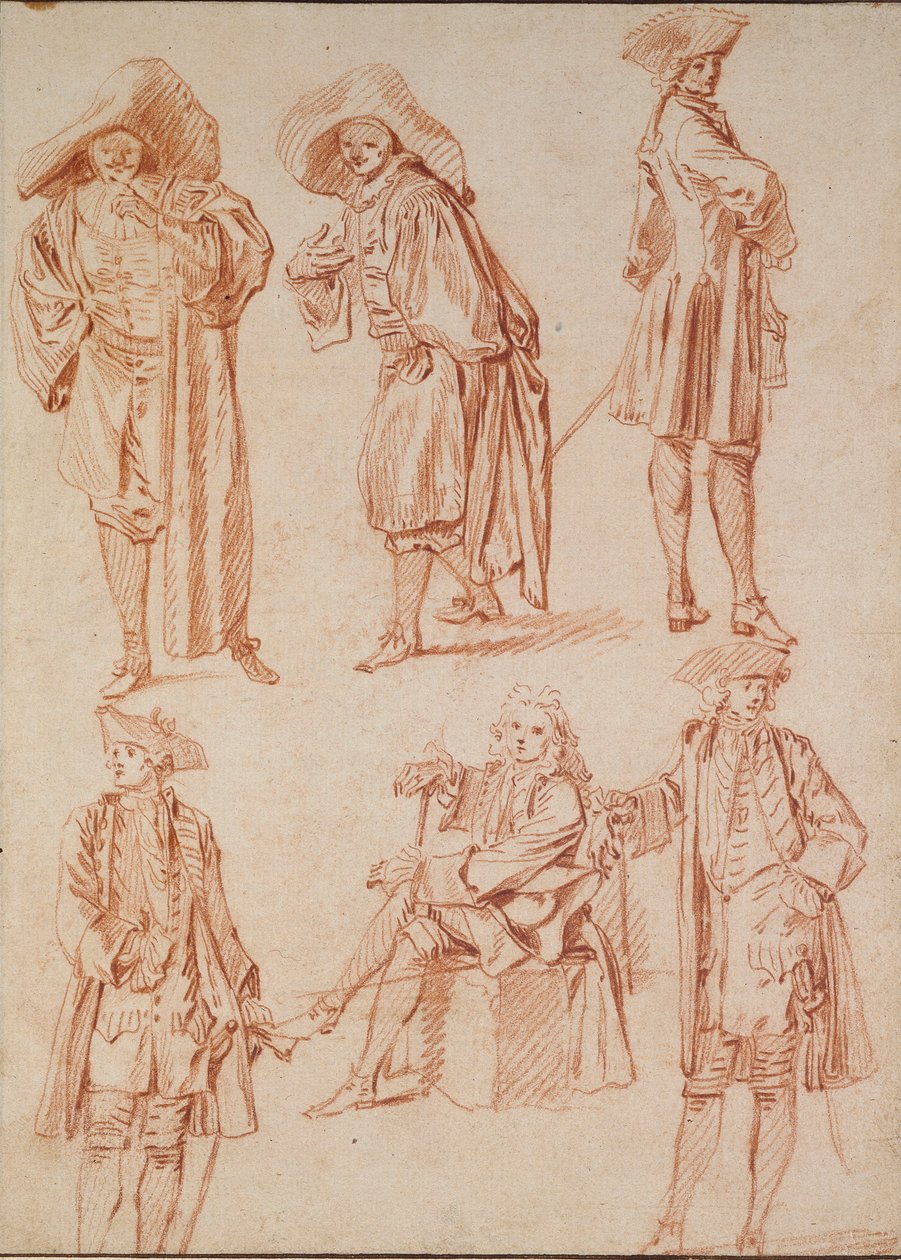 İtalyan Komedisinde Doktor Üzerine İki Çalışma ve Dört Subay, 18. Yüzyıl by Jean Antoine Watteau