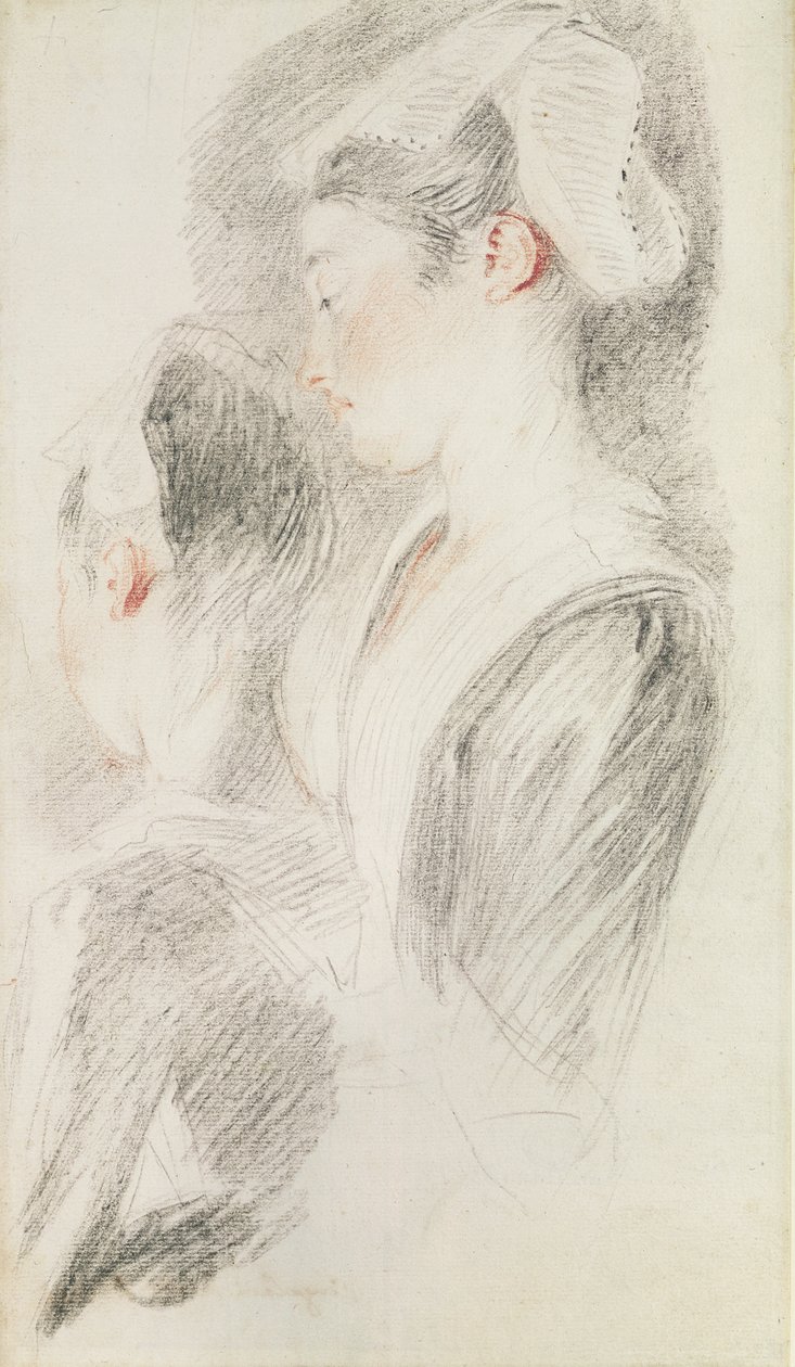 Bir kadının dörtte üçü arkadan, biri profilden iki çalışma (kağıt üzerinde iyimser ve siyah tebeşir) by Jean Antoine Watteau