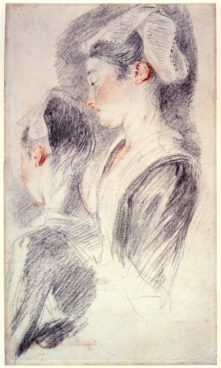 Genç bir kadının kafasının iki çalışması, 1716-18 by Jean Antoine Watteau