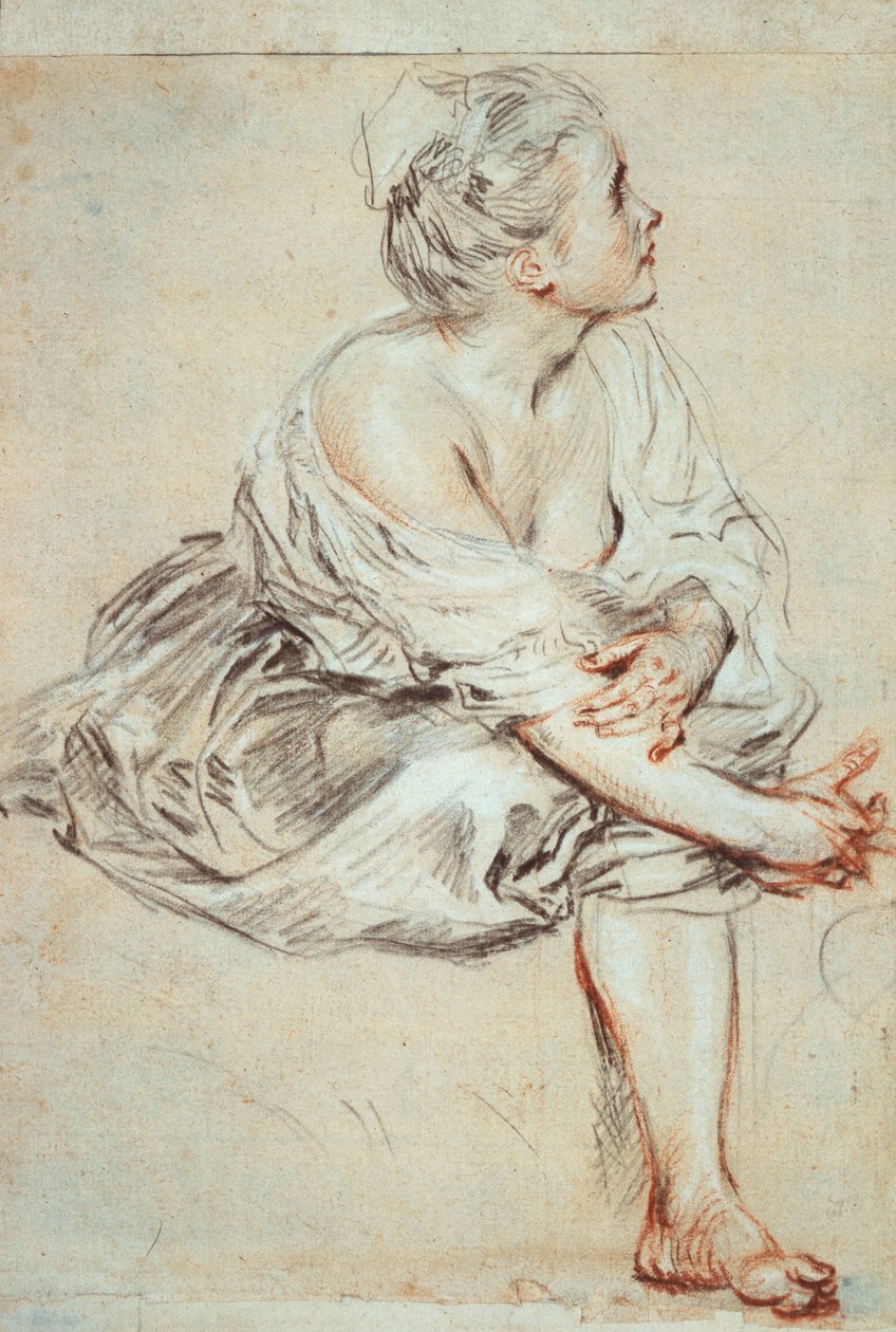 Oturan ve sağa doğru dönen kadın, c1716 by Jean Antoine Watteau