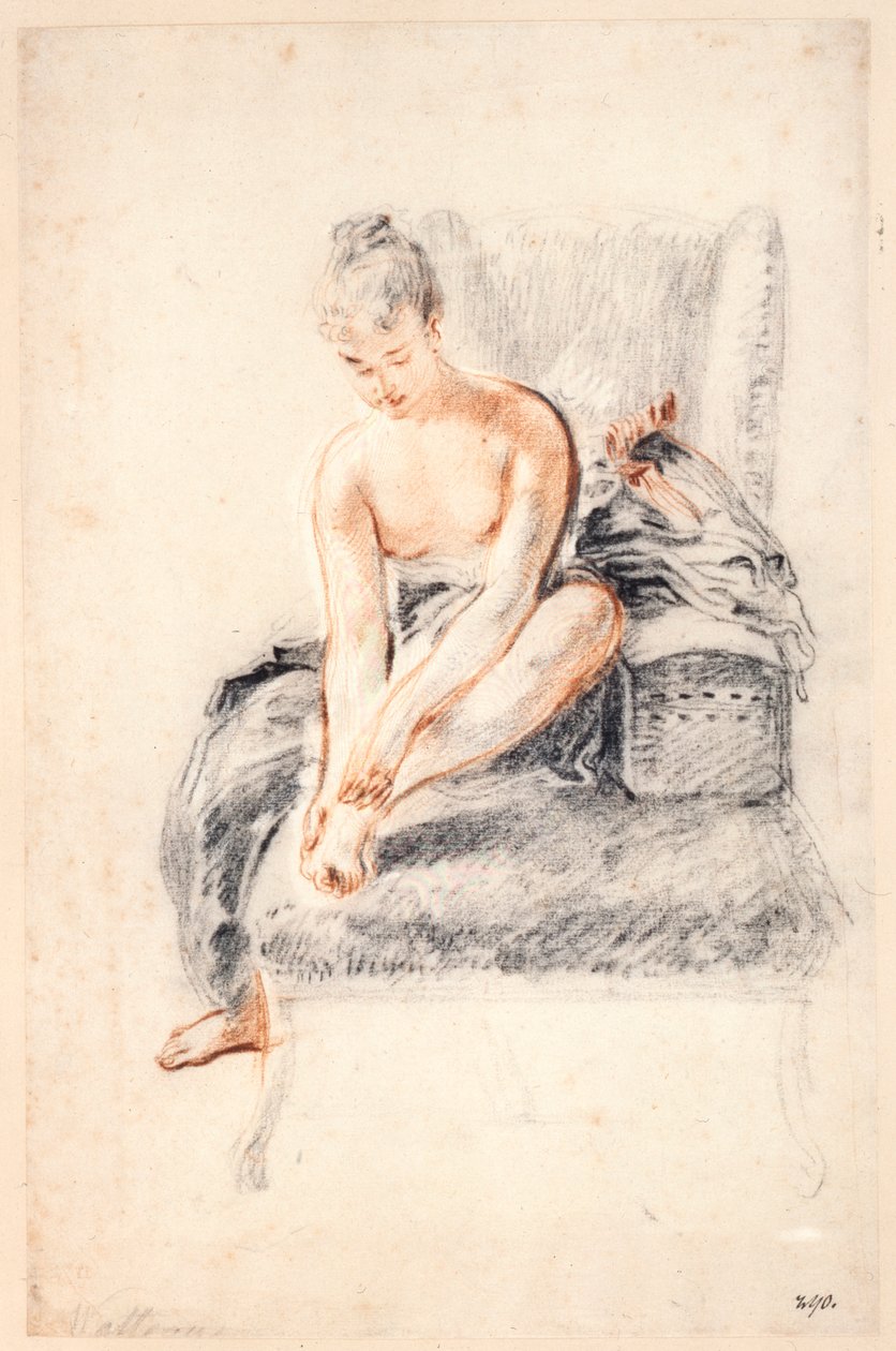 Genç kadın, çıplak, bir ayağını elinde tutuyor, 1716-18. by Jean Antoine Watteau
