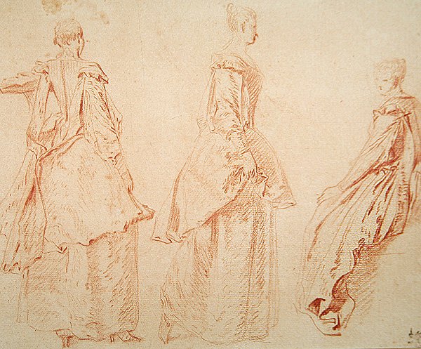 Üç Kadın, Biri Sağda Oturuyor (kağıt üzerinde kırmızı tebeşir) by Jean Antoine Watteau