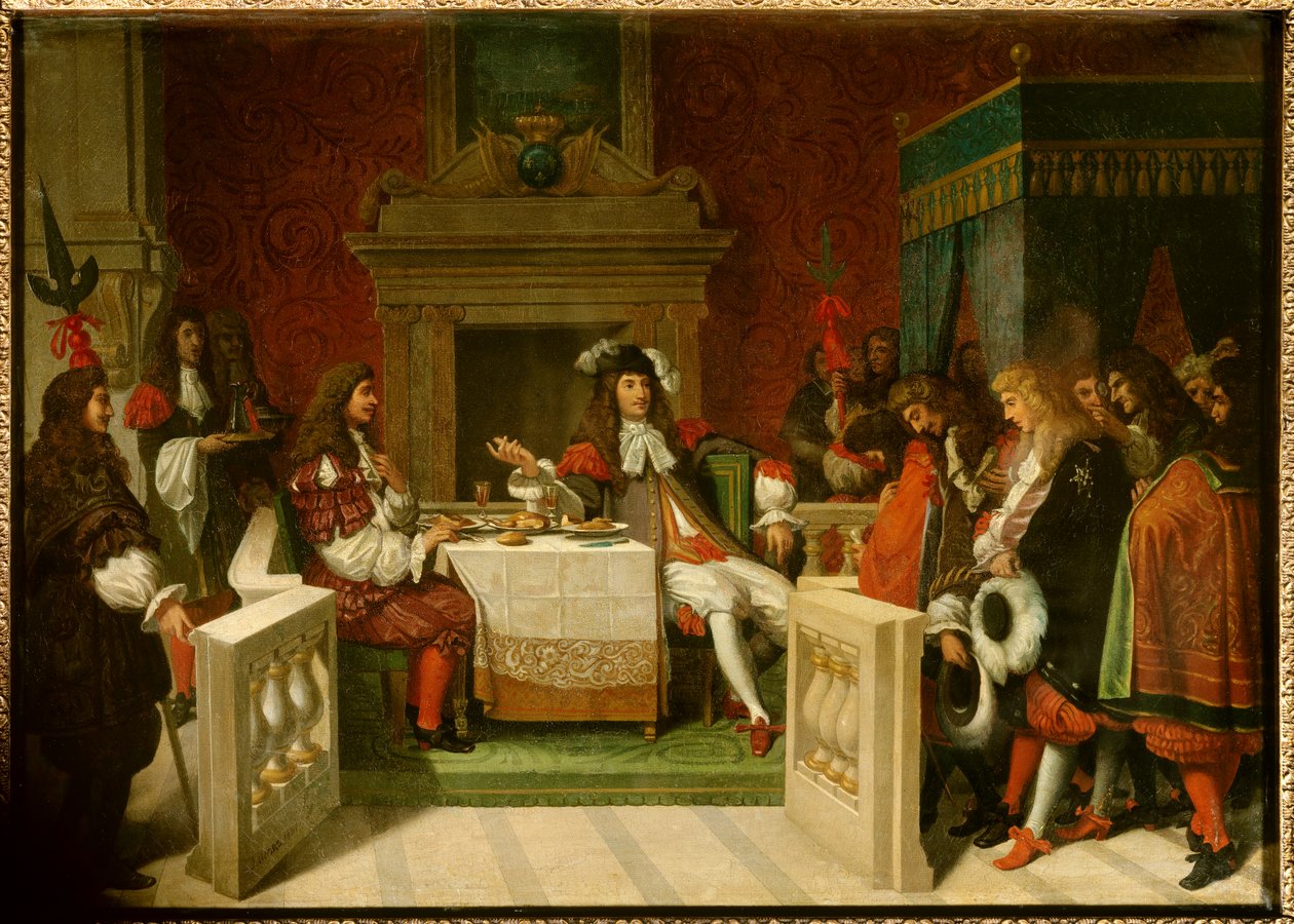 Louis XIV ve Moliere: Kral Louis XIV (1638-1715) ve Jean Baptiste Poquelin dit Moliere (1622-1673), sarayın önündeki masada. Jean Auguste Dominique Ingres'in (1780-1867) tablosu by Jean Auguste Dominique Ingres