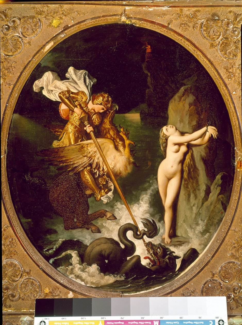 Roger delivran Angelique Angelique (Angelica), Roger (Ruggero, Ruggiero) tarafından bir hipoclaw üzerinde biniyor - Ludovic Ariosto (Arioste) tarafından “” Furious Roland”ın (Orlando furioso) X Şarkısının İllüstrasyonu - Tablo Jean Auguste Dominique Ingres by Jean Auguste Dominique Ingres