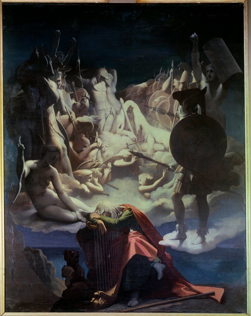 Jean Francois (Jean-Francois) Le Sueur (Lesueur) (1760-1837) tarafından “Ossian veya Bards” operasının Ossian İllüstrasyon rüyası, ozan Ossian, Napolyon tarafından okunan 3. yüzyılın İskoç bir şairiydi, o bir lir üzerinde uyuyan bir temsilci, behi by Jean Auguste Dominique Ingres