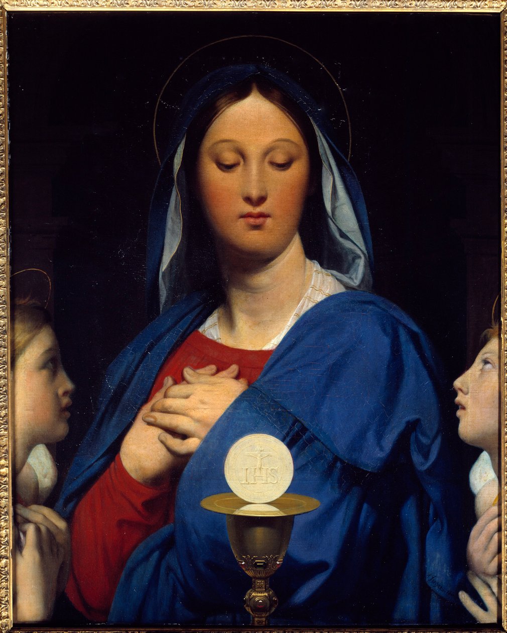 Bakirenin ev sahibi var. Komünyon sembolleri: Efkaristiya'nın Nesnesi (İsa'nın bedeni olarak ev sahibi ve kanı olarak Kadeh şarabı). Jean Auguste Dominique Ingres'in (1780-1867) tablosu by Jean Auguste Dominique Ingres