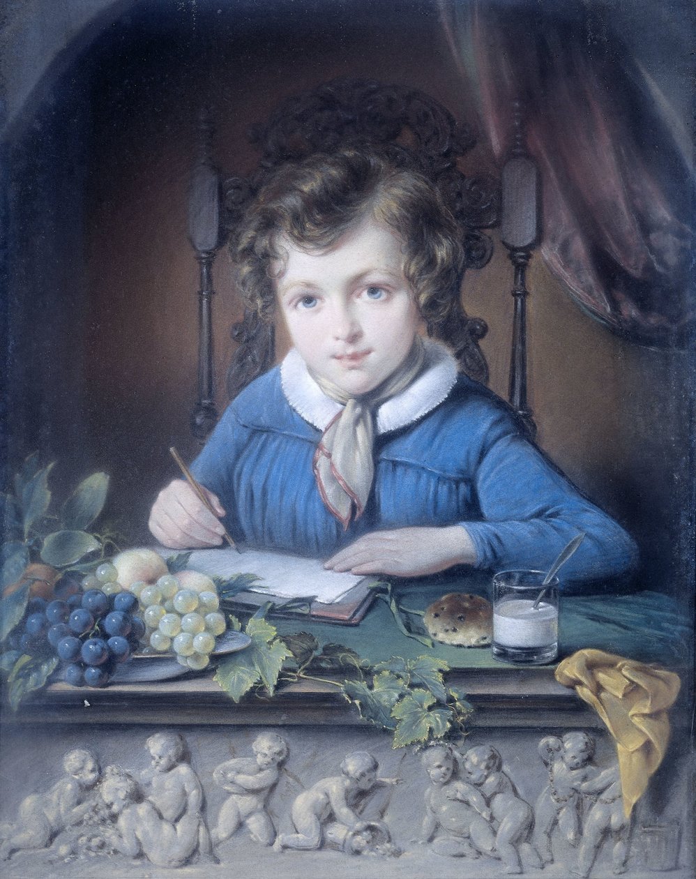 Bir pencere nişinde oturan ve mavi bir ceket giyen bir çocuğun portresi by Jean Augustin Daiwaille (attributed to)