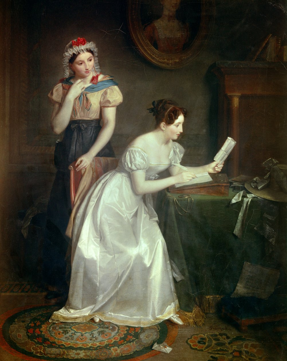 Mektubun cevabı Genç bir kadın sevgilisinin mektubunu cevaplamak için acele ediyor - Tablo Jean Augustin (Jean-Augustin) Franquelin (1798-1839) 19. yüzyıl Güneş 0,46x0,38 m by Jean Augustin Franquelin