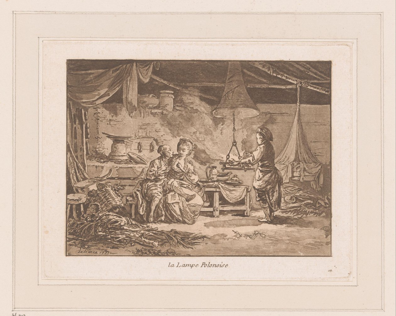 Bir bankta iki figür ve ateşin yanında bir adam olan bir ahırın içi La Lampe Polonoise (nesne üzerindeki başlık) by Jean Baptist Leprince