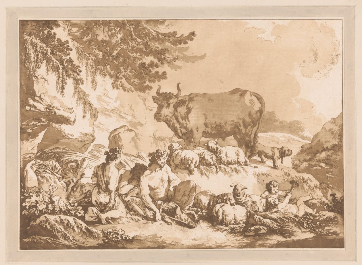 Bir manzarada koyun ve inek arasında dinlenme satirler by Jean Baptist Leprince