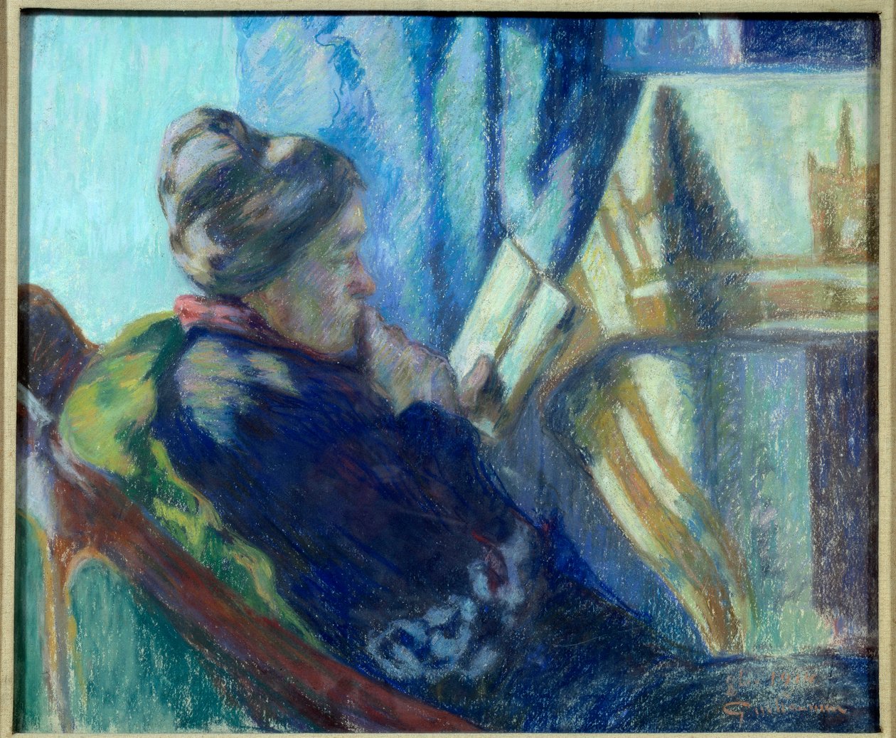 Yaşlı kadın sandalyesinde kitap okuyor. Jean Baptiste Armand Guillaumin