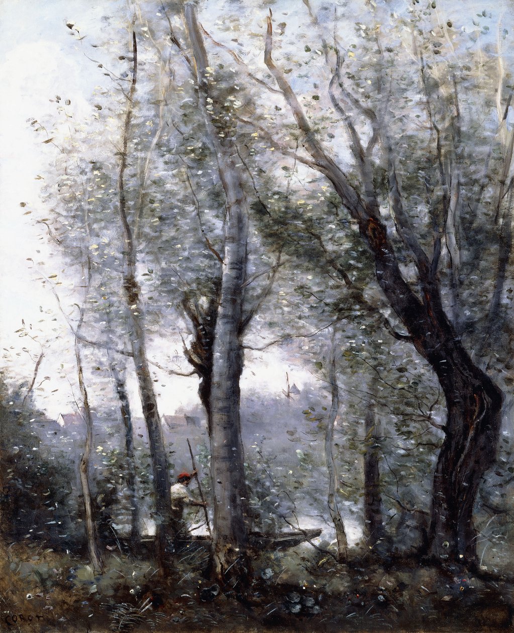 Kıyıdaki Ağaçların Yanından Geçen Bir Mavna, 1865-70 by Jean Baptiste Camille Corot