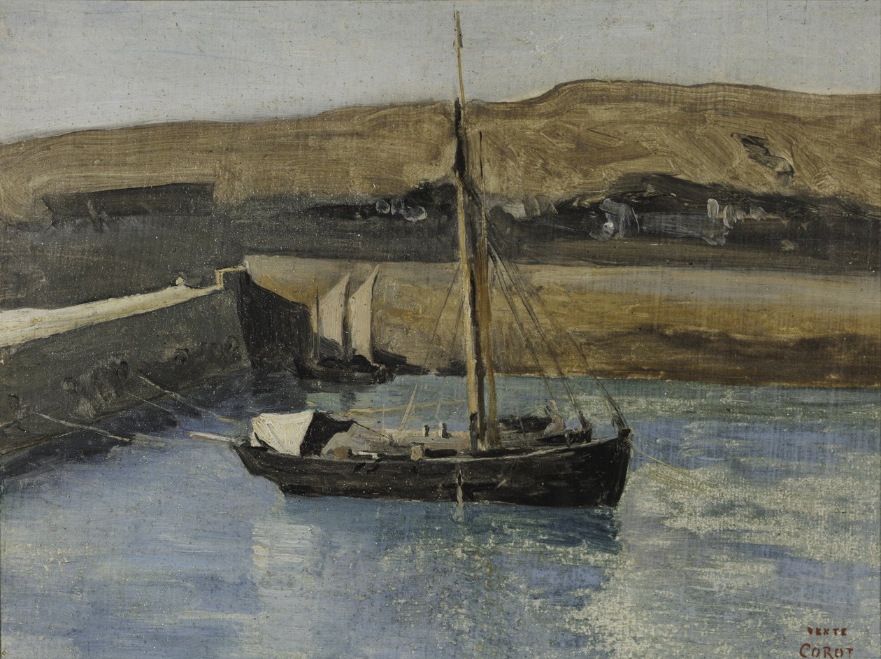 Bir Balıkçı Teknesi, Honfleur, c.1830 (kağıt üzerine yağlı boya) by Jean Baptiste Camille Corot