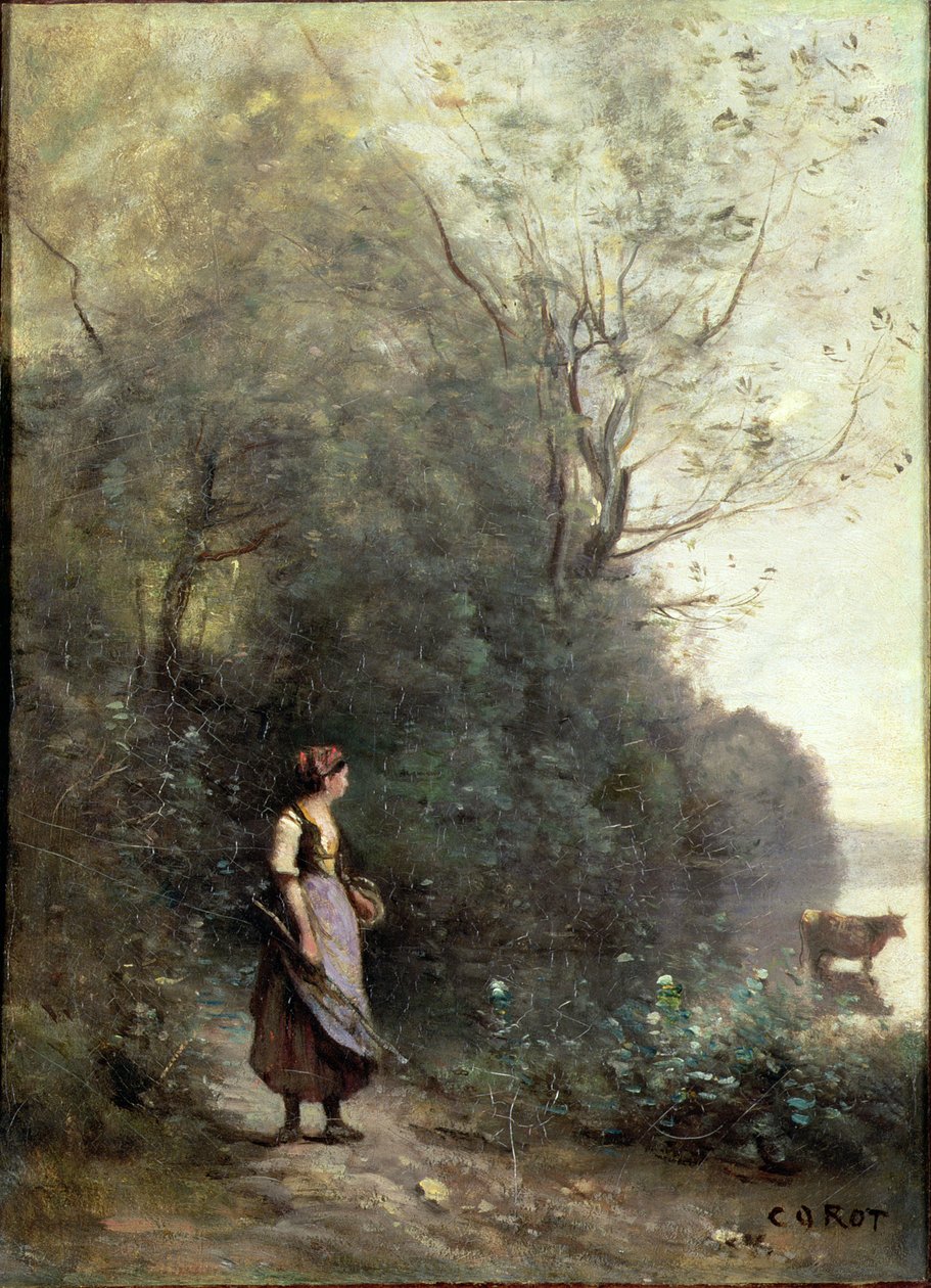 Orman Kenarında İnek Otlayan Köylü Kadın, 1865-70 dolayları by Jean Baptiste Camille Corot