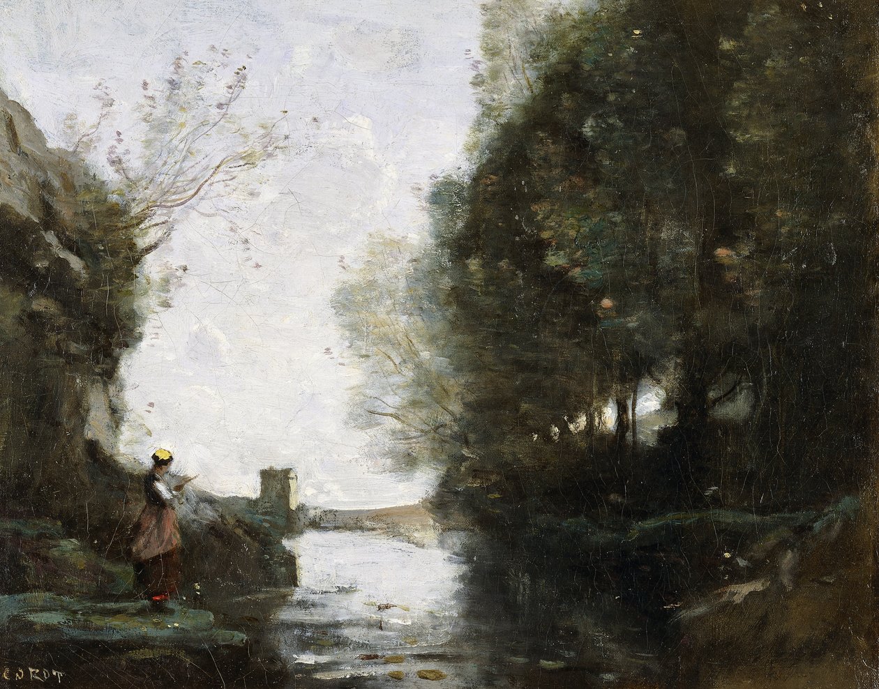 Kare Kule ve Ön Planda Çiftçi Olan Bir Nehir, c.1865-70 by Jean Baptiste Camille Corot