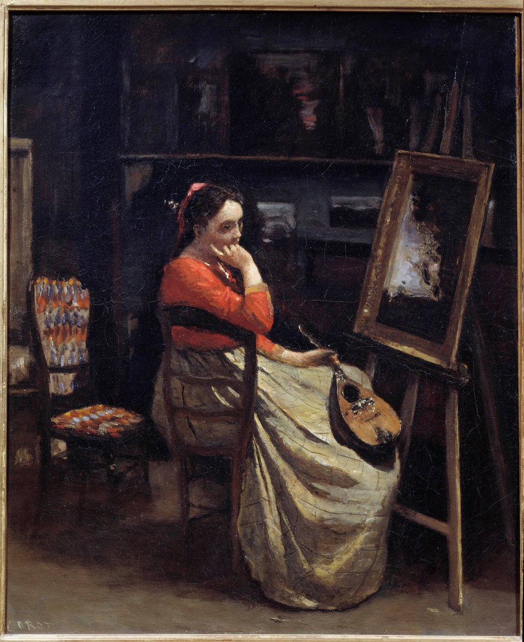 Dalgın bir genç kadın, elinde bir mandolin, Camille Corot (1796-1875) 1865 Sun adlı ressamın atölyesinde. 0,56x0,46 m Paris, Musee d
