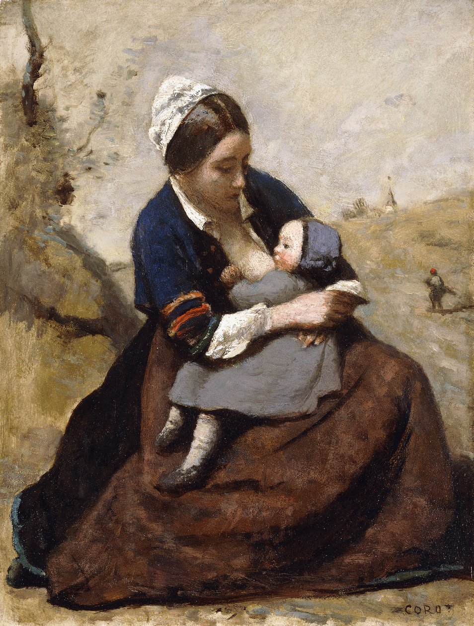 Breton Çocuğunu Emzirirken; Breton Çocuğunu Emziriyor, 1855-1860 by Jean Baptiste Camille Corot