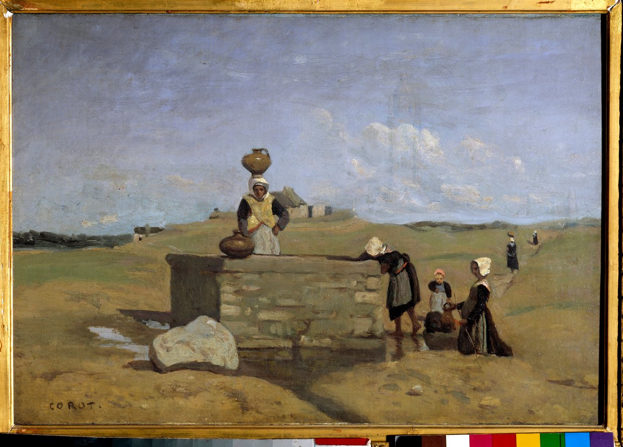 Çeşmede Bretonlar, Batz köyü Camille Corot (1796-1875) 19. yüzyıl Güneşi tarafından tablo. 0,38x0,55 m by Jean Baptiste Camille Corot