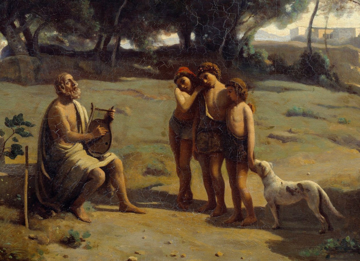 “Homere ve Çobanlar”” resminin detayı. Pathmos adasındaki Yunan şairi ve üç genç çocuk. Camille Corot (1796-1875) 1845 Güneş tarafından yapılan boyama. 0,8x1,3 m Saint Lo, Güzel Sanatlar Müzesi by Jean Baptiste Camille Corot