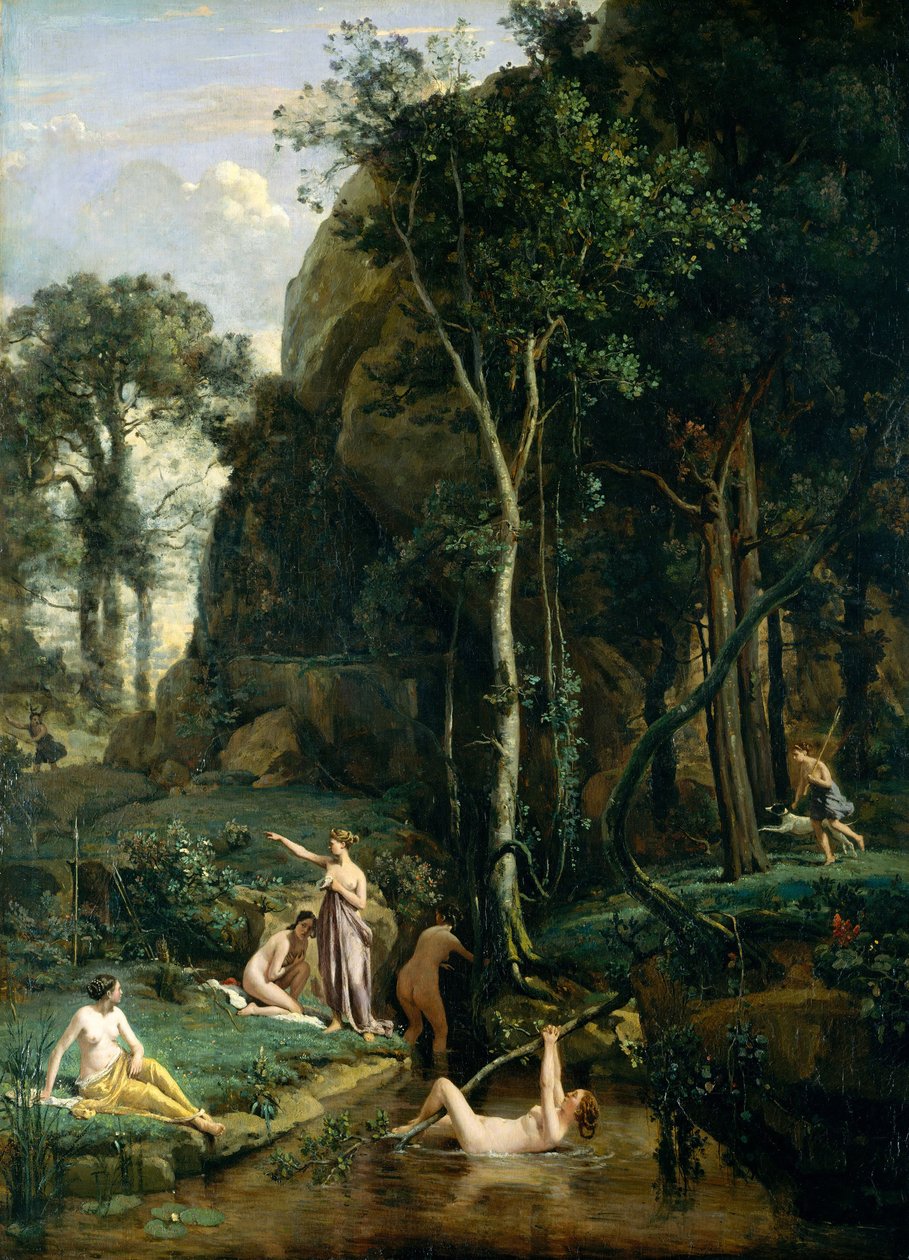 Actaeon, arkadaşlarıyla banyo yaparken tanrıça Artemis#39;i (Diana) şaşırtır by Jean Baptiste Camille Corot
