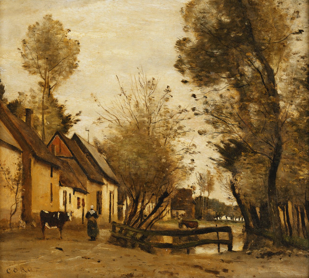Flesselles, Köylü ve İnek Sokağı; Flesselles, Köylü Kadın ve İneğinin Olduğu Bir Sokak, c.1862-1865 by Jean Baptiste Camille Corot