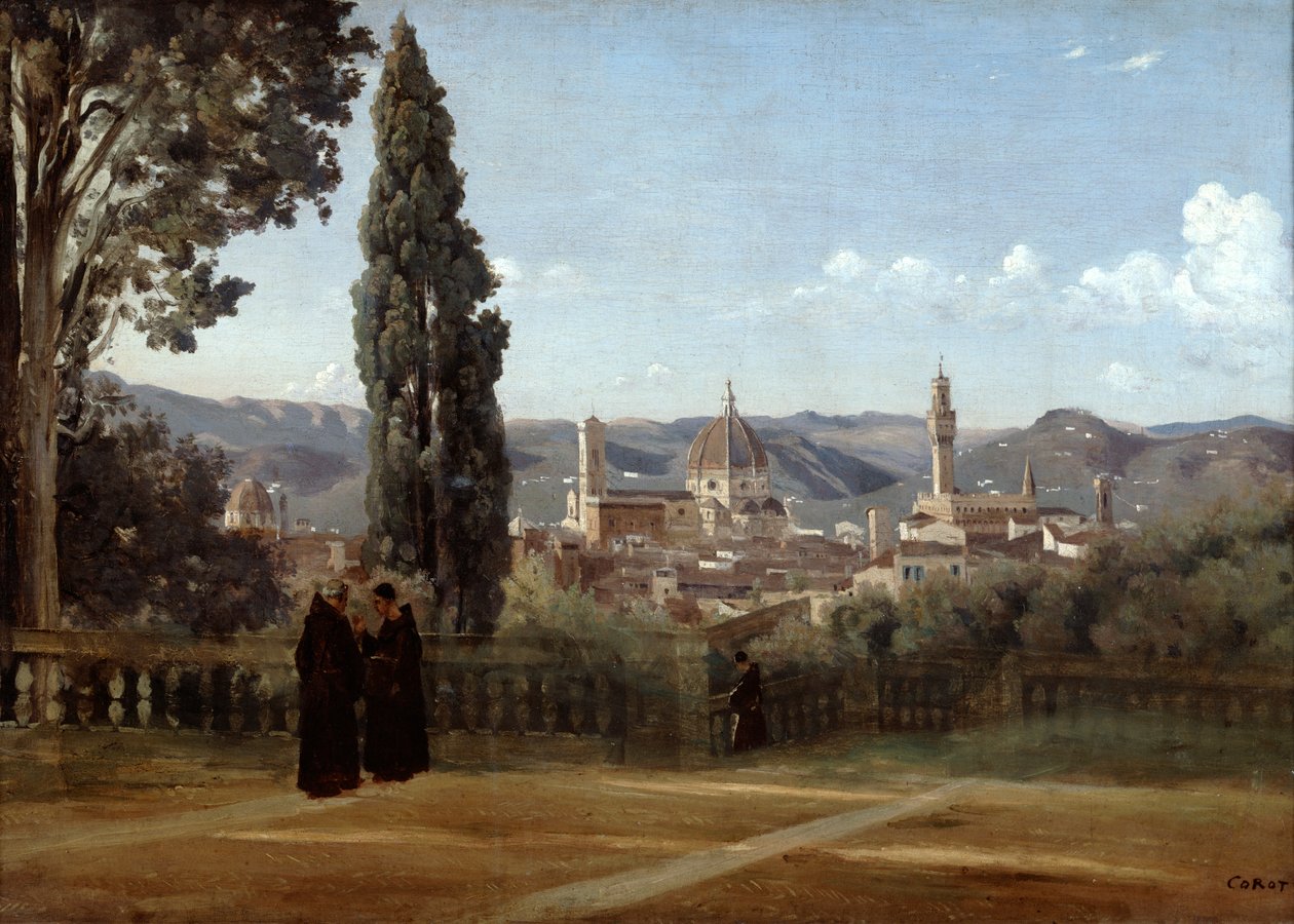 Floransa, Boboli Bahçelerinden Görünüm, 1835-1840 by Jean Baptiste Camille Corot