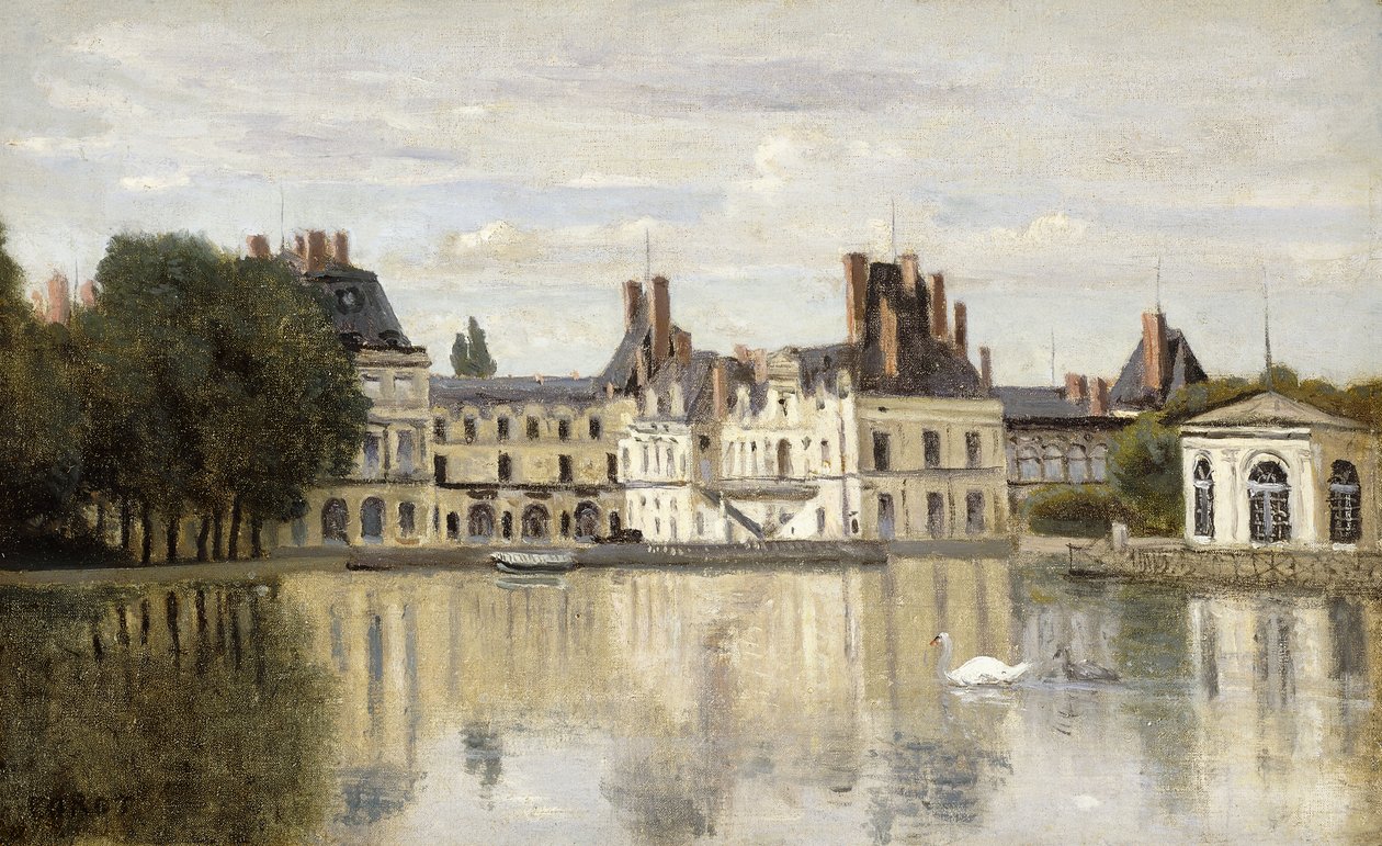 Fontainebleau - Şato ve Göl Manzarası; Fontainebleau - Su Parçasından Görülen Şato, by Jean Baptiste Camille Corot