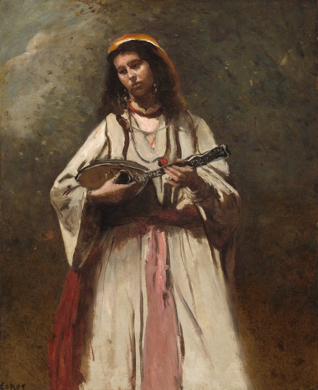 çingene kadın, ile, mandolin by Jean Baptiste Camille Corot
