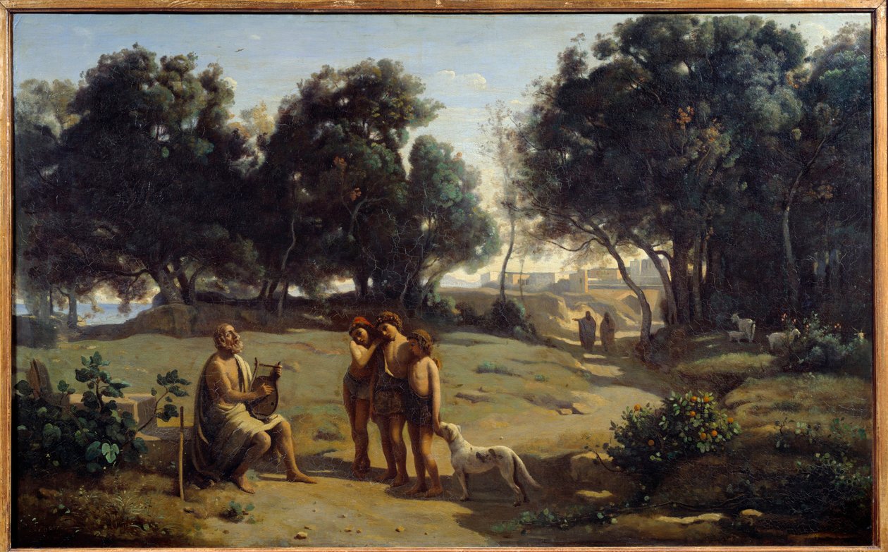 Homeros ve çobanlar. Patmos adasındaki Yunan şairi. Camille Corot (1796-1875) 1845 Güneş tarafından yapılan boyama. 0,8x1,3 m Saint Lo, Güzel Sanatlar Müzesi by Jean Baptiste Camille Corot