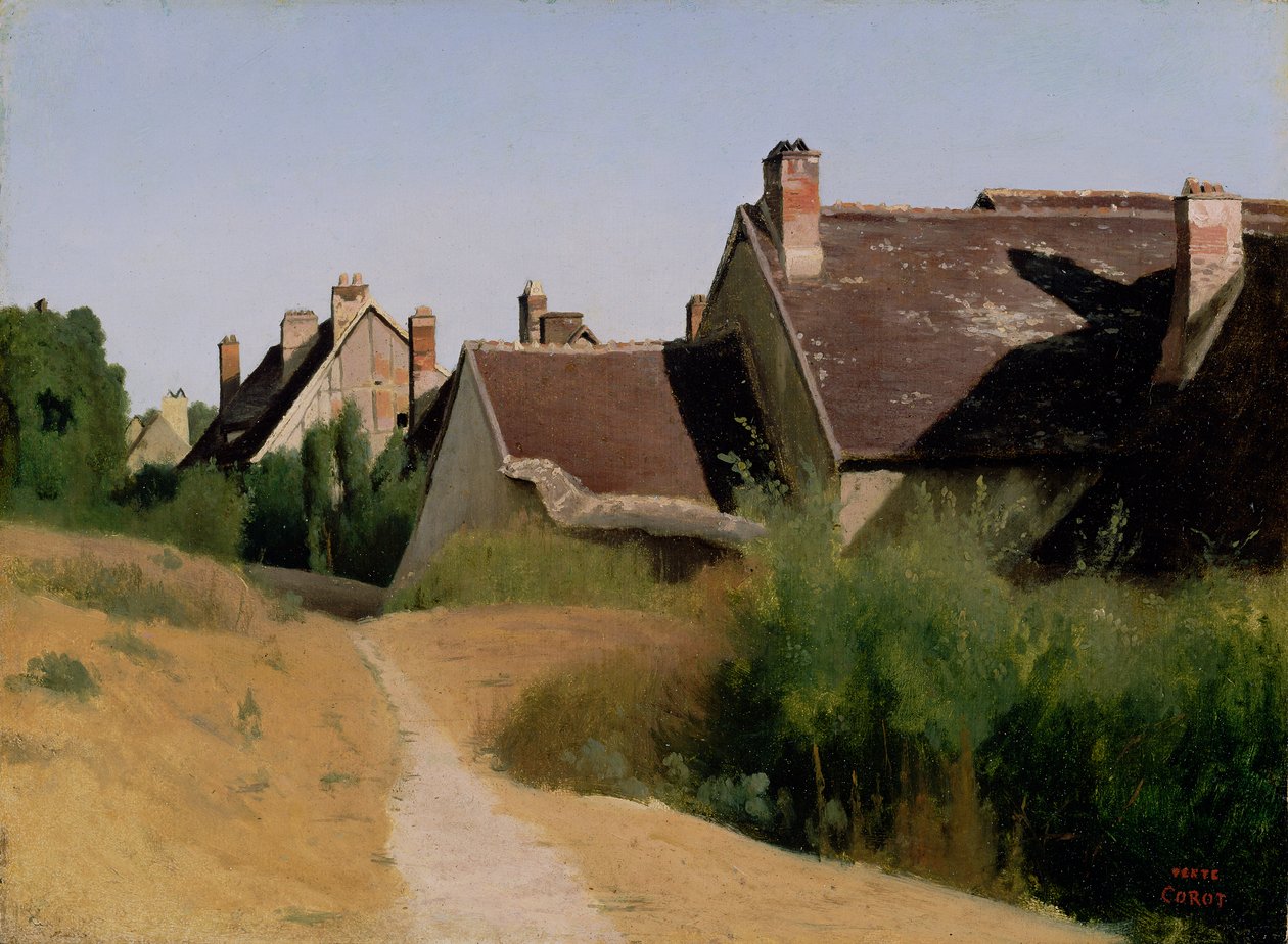 Orleans yakınlarındaki evler. c.1830 (değirmen tahtasına monte edilmiş kağıt üzerine yağ) by Jean Baptiste Camille Corot