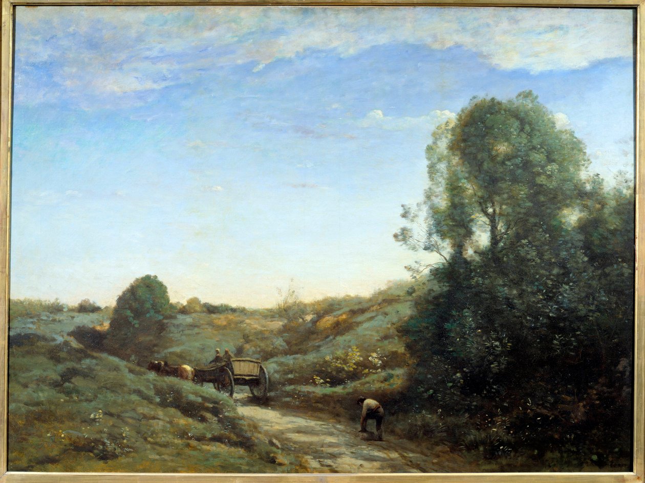 La Charrette - Marcoussis Hatırası (Montlhery yakınında). 1855 dolaylarında Camille Corot (1796-1875) tarafından yapılan resim. Tuval üzerine yağlı boya. Karartma: 0,97 x 1,30m. Paris, Musee d