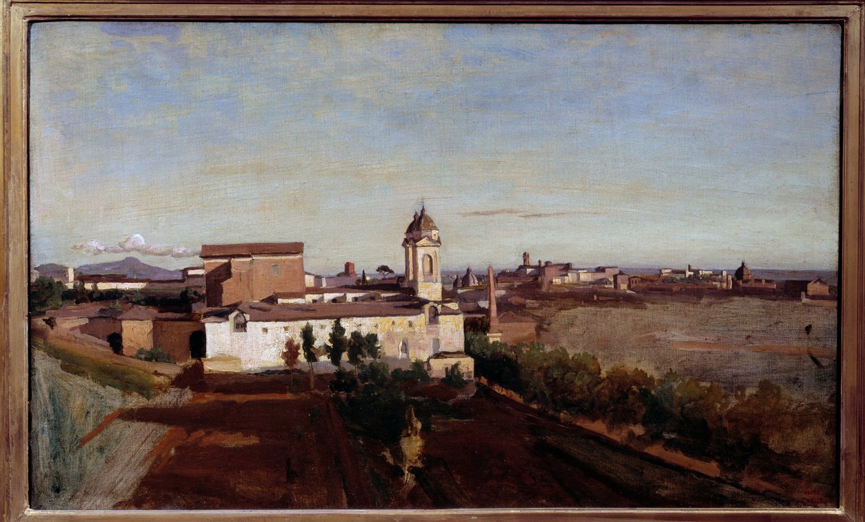 Roma'daki Trinita dei Monti kilisesinin Villa Medicis Görünümünden La Trinite des Monts manzarası. Camille Corot (1796-1875) tarafından yapılan resim 19. yüzyıl Güneşi. 0,45x0,74 m by Jean Baptiste Camille Corot