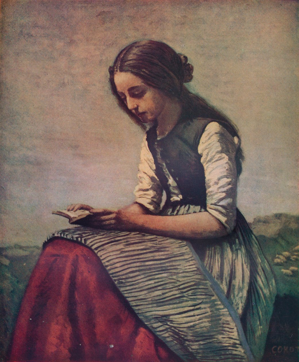 La petite Liseuse veya Genç çoban kız oturmuş ve okuyor, c1855 by Jean Baptiste Camille Corot