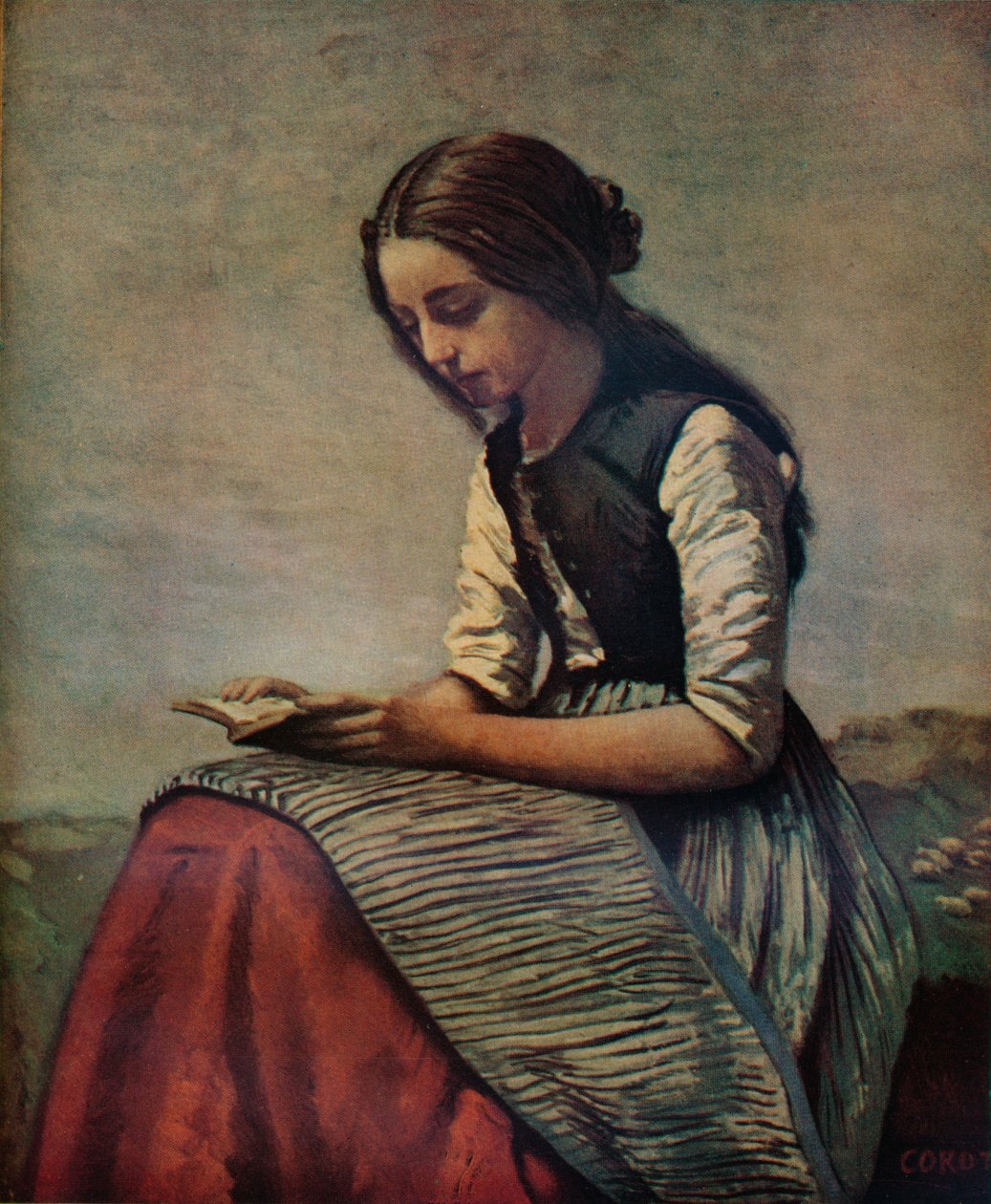 La petite Liseuse veya Genç çoban kız oturmuş ve okuyor, c1855 by Jean Baptiste Camille Corot