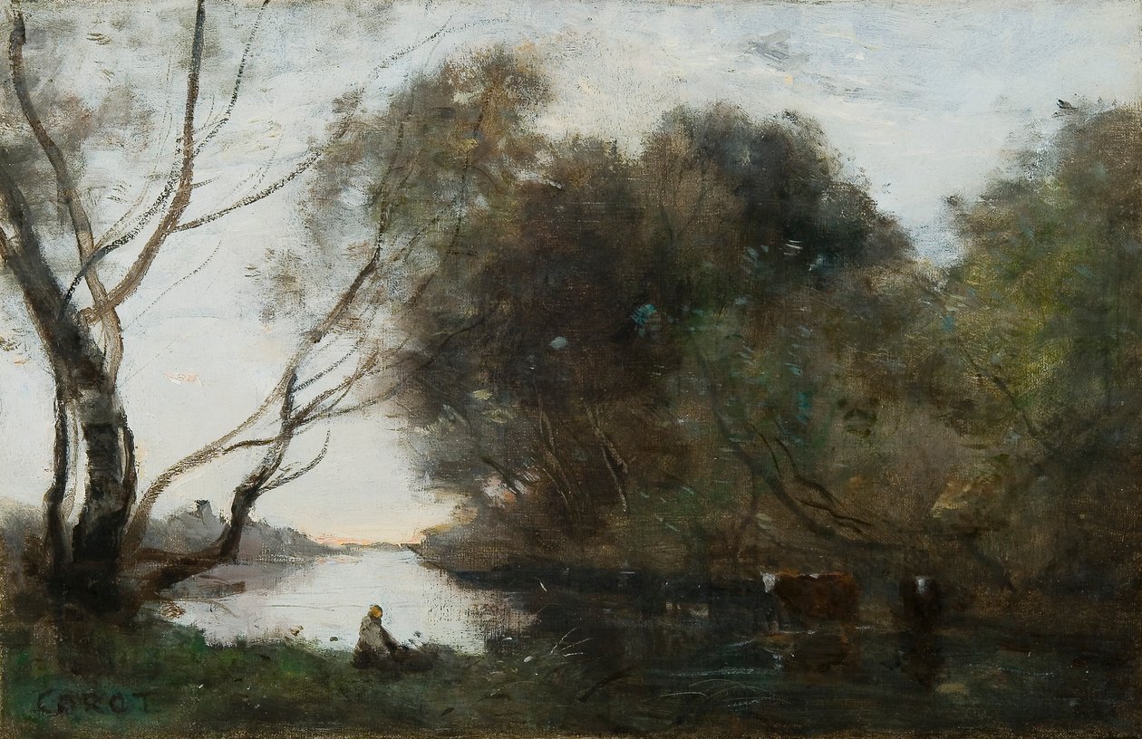 Göl: Batan Güneş, c1820-1860. by Jean Baptiste Camille Corot