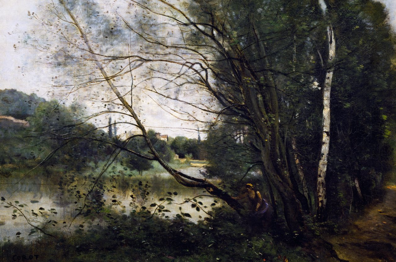 Eğik ağaç gövdesi ile göl by Jean Baptiste Camille Corot