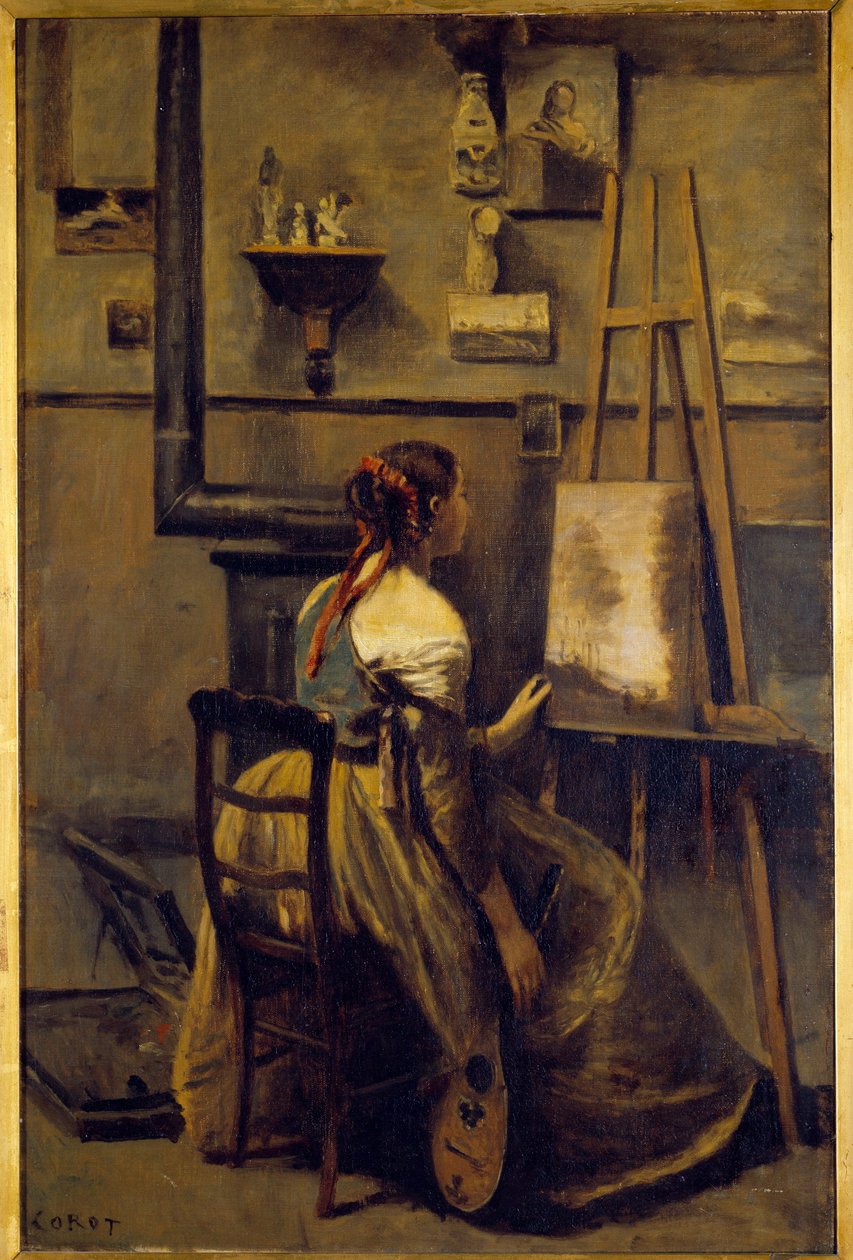 L'atelier de Camille Corot, bir şövale önünde oturan genç kadın Boyama Camille Corot (1796-1875) 19. yüzyıl Güneşi. 0,63x0,42 m - Camille Corot'nun atölyesi, bir şövale önünde oturan genç kadın. Camille Corot (1796-1875) tarafından yapılan boyama by Jean Baptiste Camille Corot
