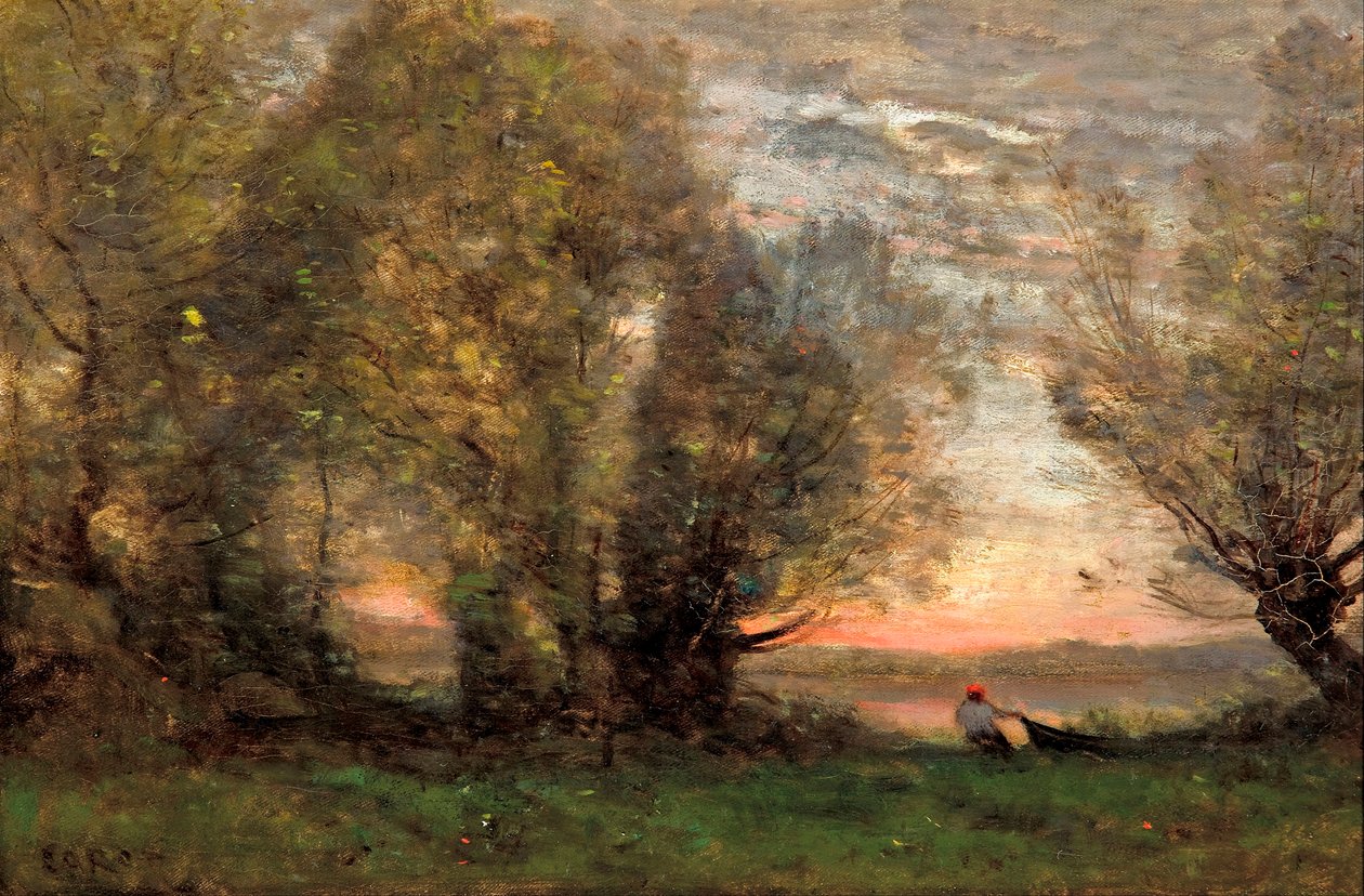 "Balıkçı, akşam efekti" (Balıkçı, akşam efekti) Tablo Jean-Baptiste Camille Corot (1796-1875) - yaklaşık 1860-1870 - Tuval üzerine yağlıboya Dim 27.7x41.4 cm Güney Avustralya Sanat Galerisi by Jean Baptiste Camille Corot