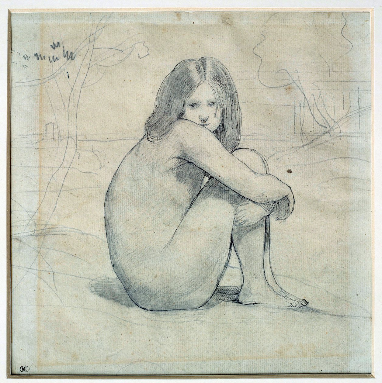 Bir manzarada oturan küçük kız Karakalem ve siyah mürekkep Camille Corot (1796-1875) 19. yüzyıl Güneşi. 0,22x0,26 m Paris, Louvre Müzesi by Jean Baptiste Camille Corot