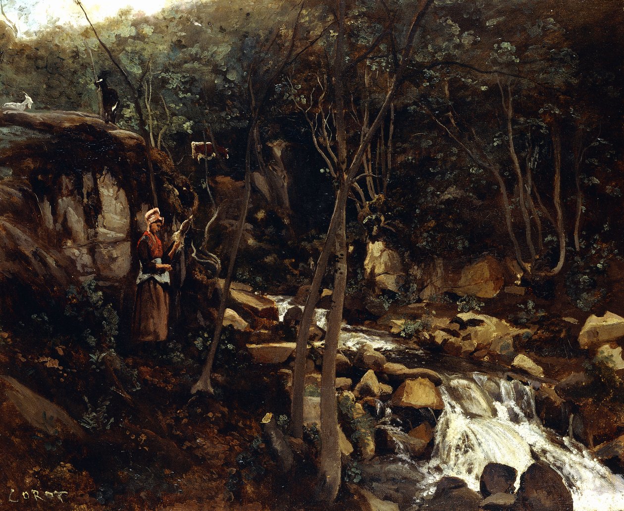 Lormes - Ayakta Köylü ile Bir Torrent, İplik Yün, 1842 by Jean Baptiste Camille Corot
