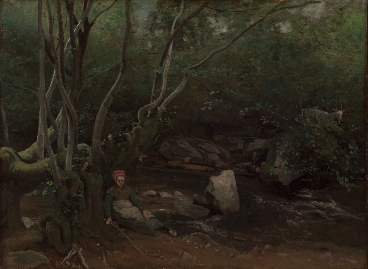 Lormes: Ormanda Bir Derenin Yanında Oturan Keçi-Kız, 1842. by Jean Baptiste Camille Corot