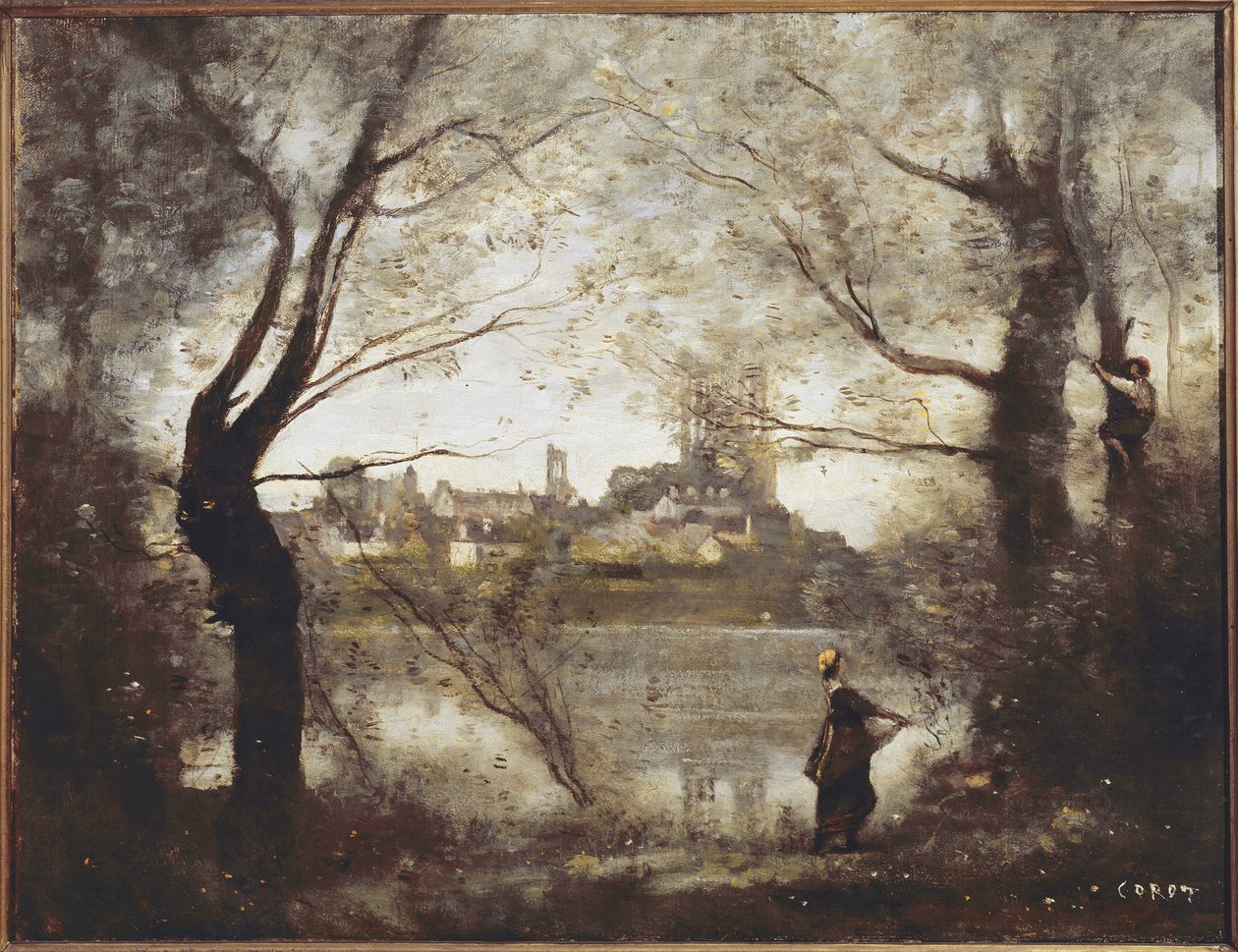 Mantes, katedral ve ağaçların arasından görülen şehir, akşam (tuval üzerine yağlı boya by Jean Baptiste Camille Corot