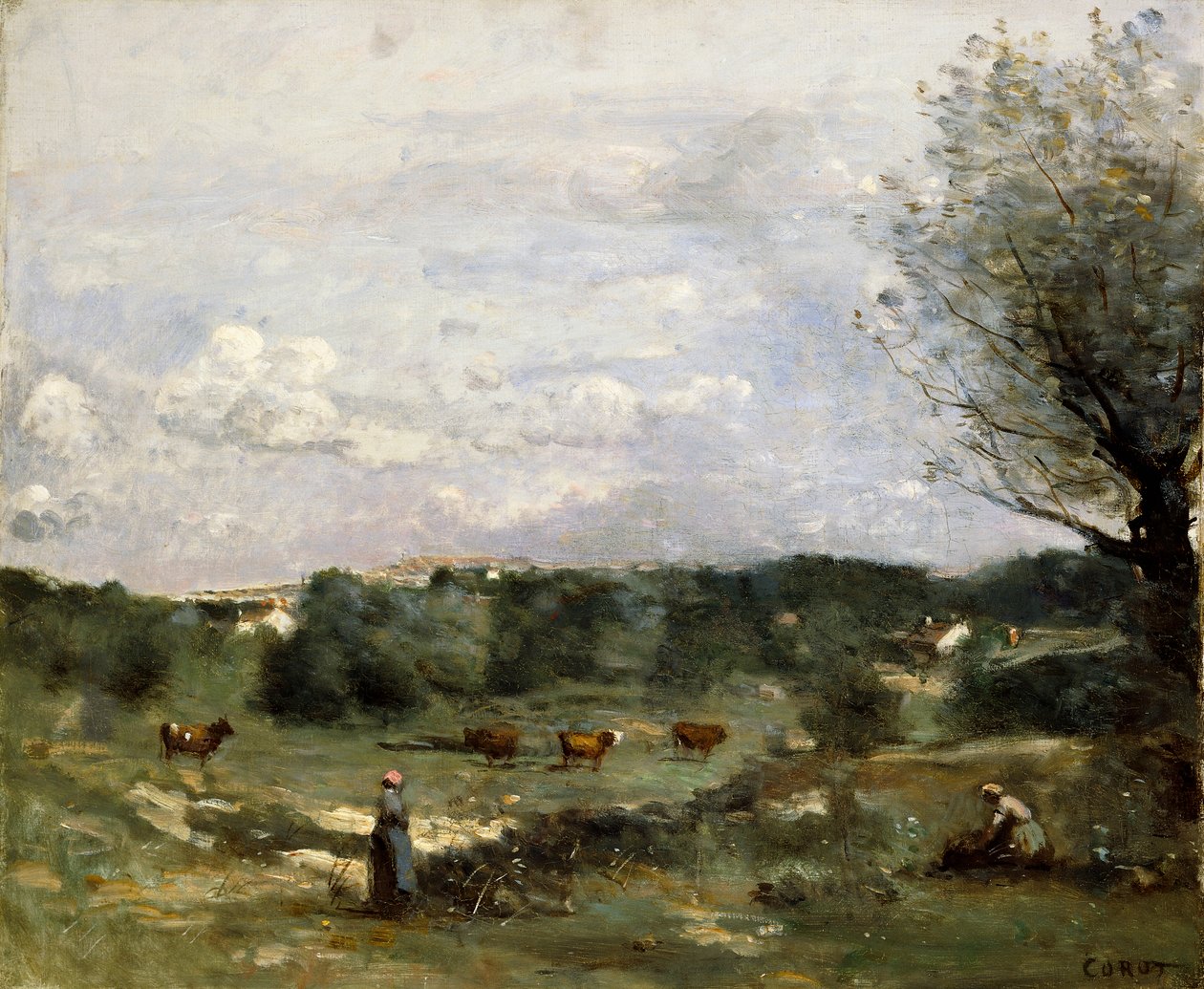 İnekli Çayır, Sağda Söğüt ve Uzak Köy, by Jean Baptiste Camille Corot