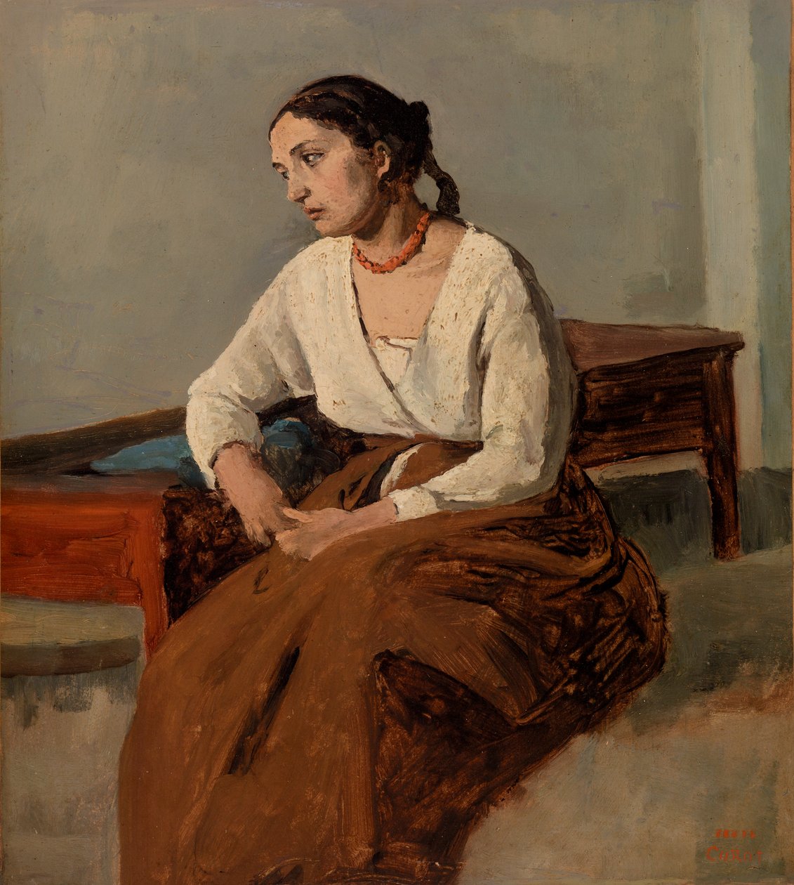 Melankolik İtalyan Kadın (Roma) by Jean Baptiste Camille Corot