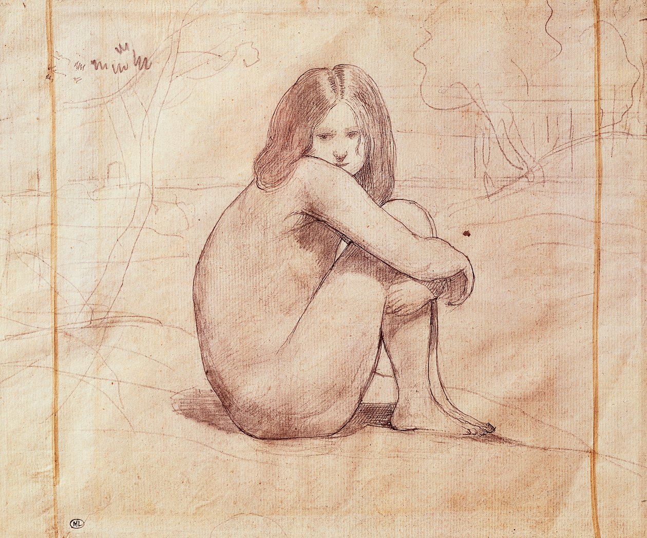 Çıplak kız oturuyor, çiziyor Jean-Baptiste-Camille Corot (1796-1875) by Jean Baptiste Camille Corot