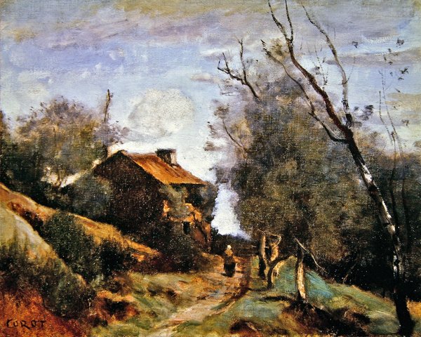 Ülkede bir eve giden yol (tuval üzerine yağlı boya) by Jean Baptiste Camille Corot
