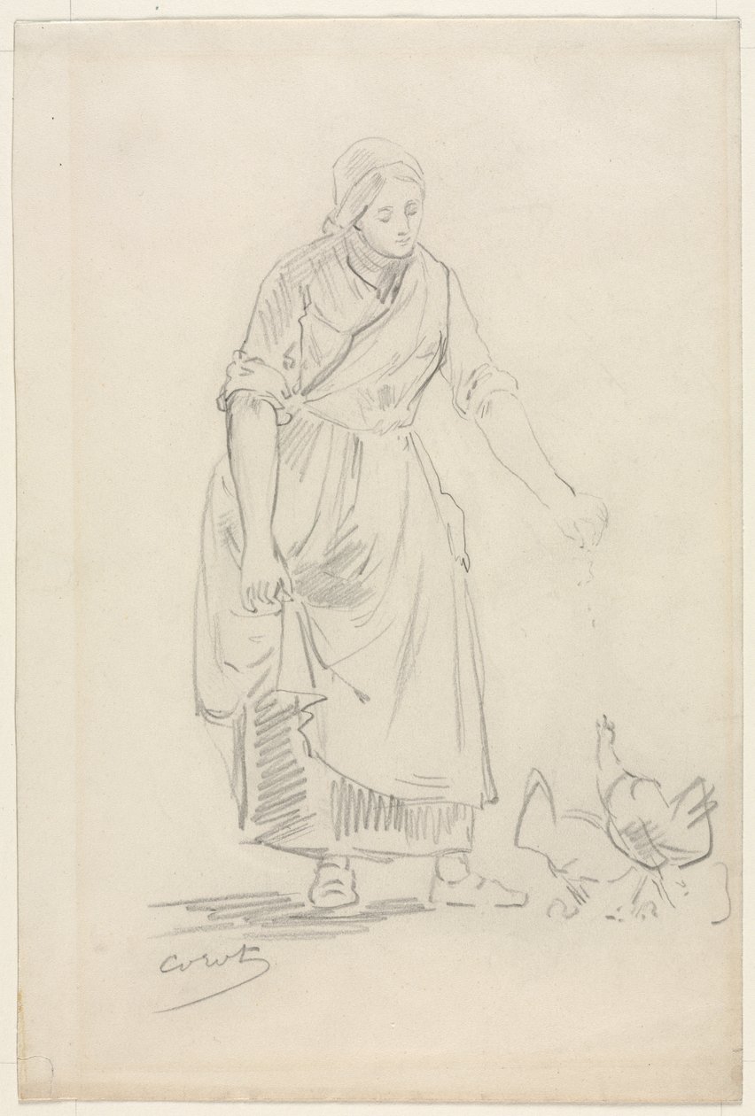 Tavuk Besleyen Köylü Kız by Jean Baptiste Camille Corot