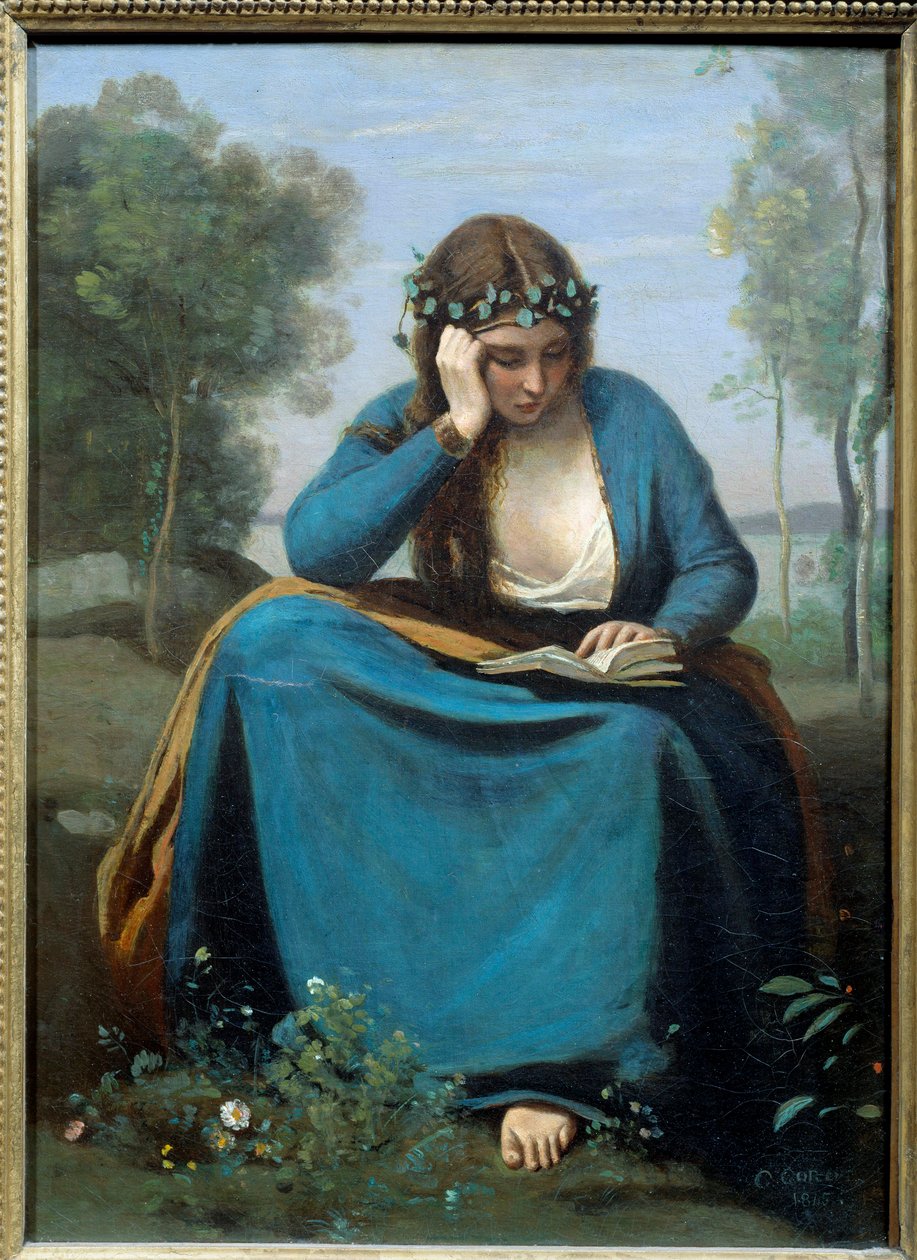 Çiçeklerle Taçlandırılan Okuyucu veya İlham Perisi Virgile tarafından Tablo Camille Corot (1796-1875) 1845 Dim. 0,45x0,34 m by Jean Baptiste Camille Corot