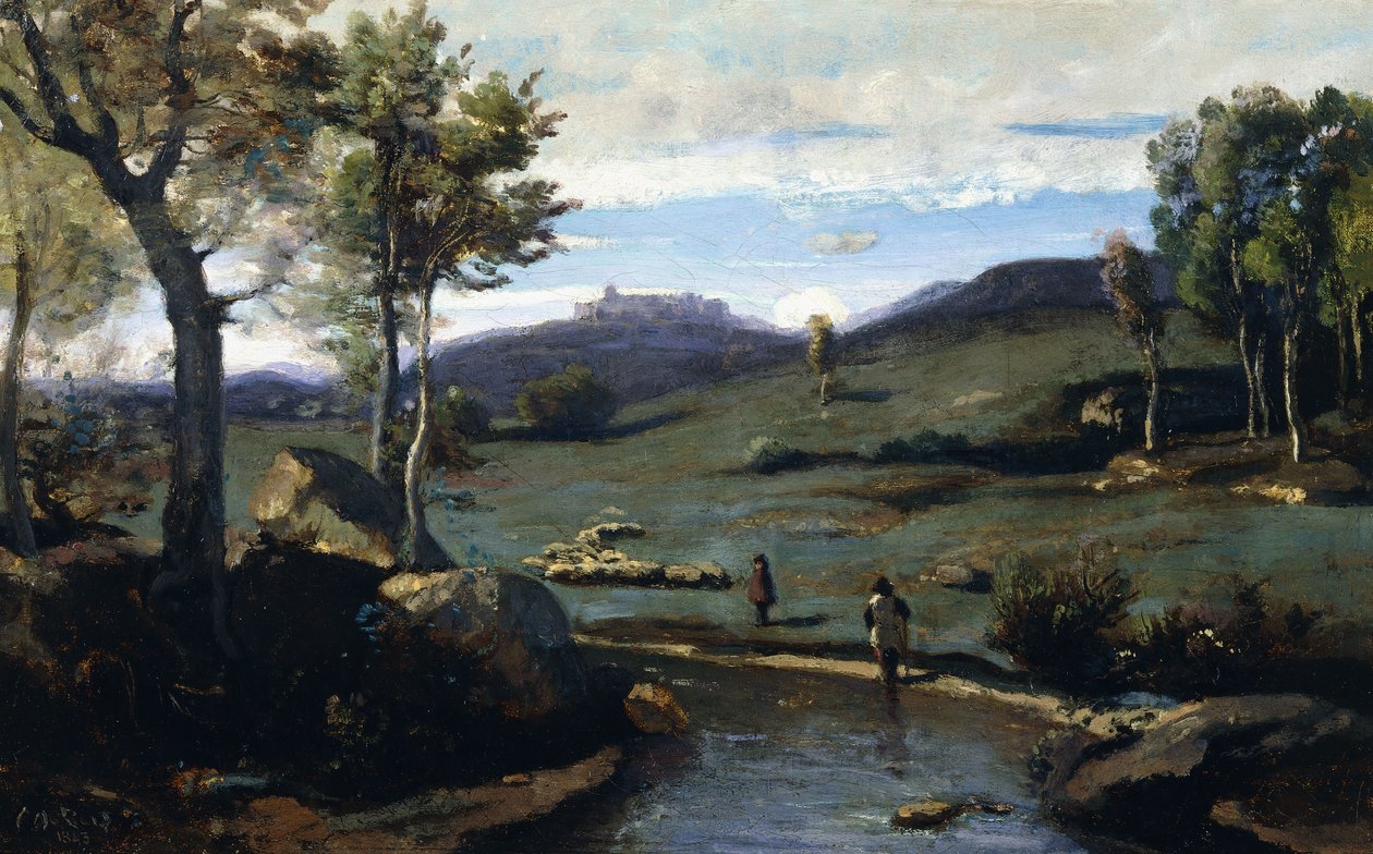 Roma Kırsal Alanı - Domuz Sürüsü ile Kayalık Vadi, 1843 by Jean Baptiste Camille Corot